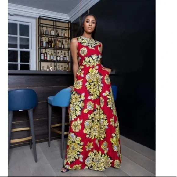 SIKA AFRICAN PRINT RED FLORAL
SLEEVELESS HIGH NECK MAXI
DRESS WITH POCKETS SZ 12 - Picture 3 of 5